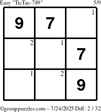 The grouppuzzles.com Easy TicTac-789 puzzle for Thursday July 24, 2025 with the first 2 steps marked