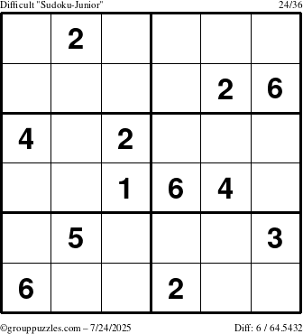 The grouppuzzles.com Difficult Sudoku-Junior puzzle for Thursday July 24, 2025