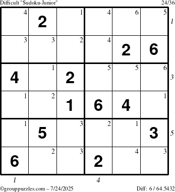 The grouppuzzles.com Difficult Sudoku-Junior puzzle for Thursday July 24, 2025, suitable for printing, with all 6 steps marked