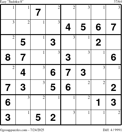The grouppuzzles.com Easy Sudoku-8 puzzle for Thursday July 24, 2025 with the first 3 steps marked