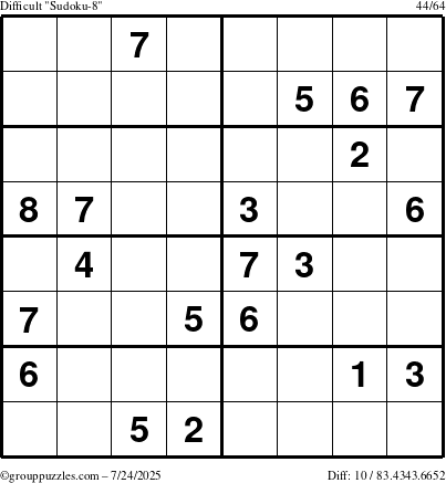 The grouppuzzles.com Difficult Sudoku-8 puzzle for Thursday July 24, 2025