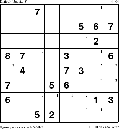 The grouppuzzles.com Difficult Sudoku-8 puzzle for Thursday July 24, 2025 with the first 3 steps marked