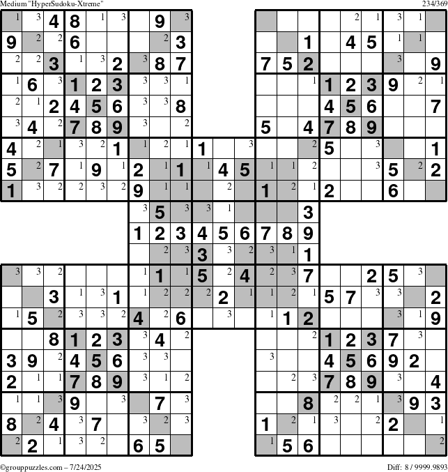 The grouppuzzles.com Medium cover-HyperXtreme puzzle for Thursday July 24, 2025 with the first 3 steps marked