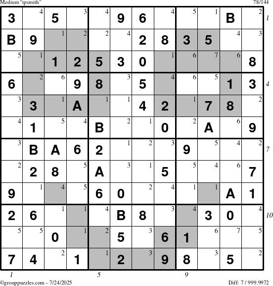 The grouppuzzles.com Medium tpsmith puzzle for Thursday July 24, 2025 with all 7 steps marked