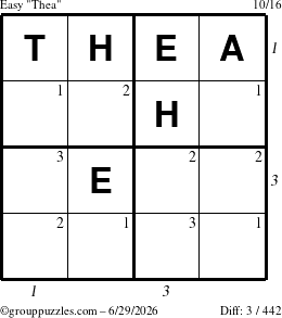 The grouppuzzles.com Easy Thea puzzle for Monday June 29, 2026, suitable for printing, with all 3 steps marked