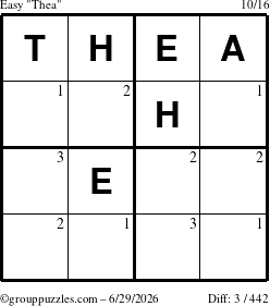 The grouppuzzles.com Easy Thea puzzle for Monday June 29, 2026 with the first 3 steps marked
