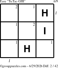 The grouppuzzles.com Easy TicTac-GHI puzzle for Monday June 29, 2026 with all 2 steps marked
