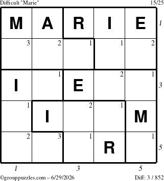 The grouppuzzles.com Difficult Marie puzzle for Monday June 29, 2026, suitable for printing, with all 3 steps marked