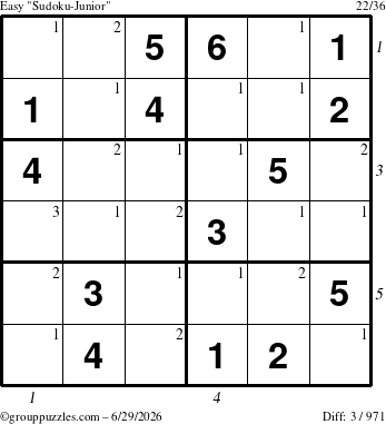 The grouppuzzles.com Easy Sudoku-Junior puzzle for Monday June 29, 2026 with all 3 steps marked