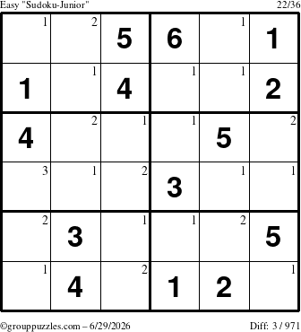 The grouppuzzles.com Easy Sudoku-Junior puzzle for Monday June 29, 2026 with the first 3 steps marked