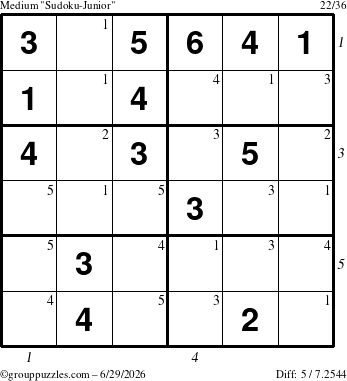The grouppuzzles.com Medium Sudoku-Junior puzzle for Monday June 29, 2026, suitable for printing, with all 5 steps marked