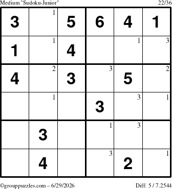 The grouppuzzles.com Medium Sudoku-Junior puzzle for Monday June 29, 2026 with the first 3 steps marked
