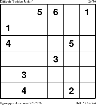 The grouppuzzles.com Difficult Sudoku-Junior puzzle for Monday June 29, 2026