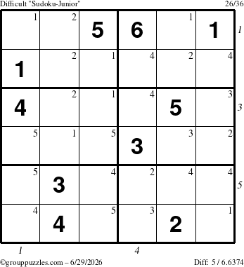 The grouppuzzles.com Difficult Sudoku-Junior puzzle for Monday June 29, 2026 with all 5 steps marked