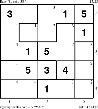 The grouppuzzles.com Easy Sudoku-5B puzzle for Monday June 29, 2026 with all 4 steps marked