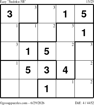 The grouppuzzles.com Easy Sudoku-5B puzzle for Monday June 29, 2026 with the first 3 steps marked