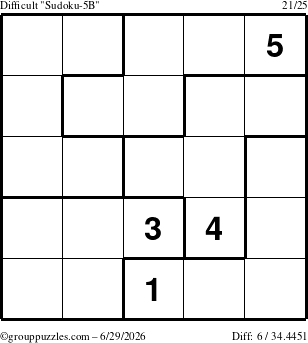 The grouppuzzles.com Difficult Sudoku-5B puzzle for Monday June 29, 2026