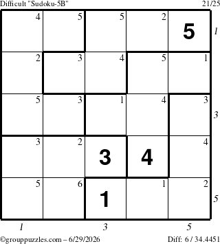 The grouppuzzles.com Difficult Sudoku-5B puzzle for Monday June 29, 2026, suitable for printing, with all 6 steps marked