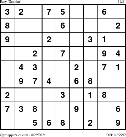 The grouppuzzles.com Easy Sudoku puzzle for Monday June 29, 2026