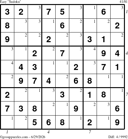 The grouppuzzles.com Easy Sudoku puzzle for Monday June 29, 2026, suitable for printing, with all 4 steps marked