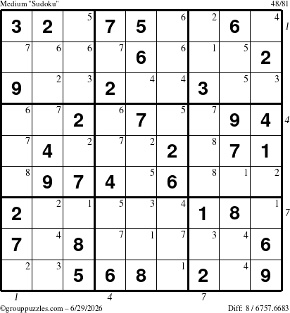 The grouppuzzles.com Medium Sudoku puzzle for Monday June 29, 2026, suitable for printing, with all 8 steps marked