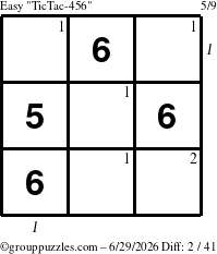 The grouppuzzles.com Easy TicTac-456 puzzle for Monday June 29, 2026 with all 2 steps marked