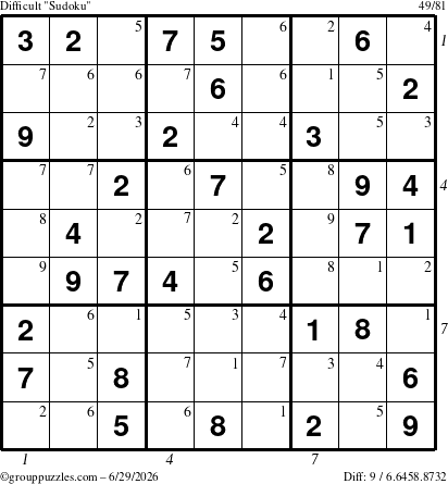 The grouppuzzles.com Difficult Sudoku puzzle for Monday June 29, 2026, suitable for printing, with all 9 steps marked