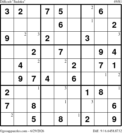The grouppuzzles.com Difficult Sudoku puzzle for Monday June 29, 2026 with the first 3 steps marked
