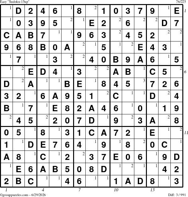 The grouppuzzles.com Easy Sudoku-15up puzzle for Monday June 29, 2026, suitable for printing, with all 3 steps marked