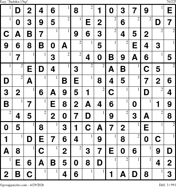 The grouppuzzles.com Easy Sudoku-15up puzzle for Monday June 29, 2026 with the first 3 steps marked