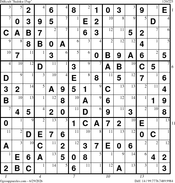 The grouppuzzles.com Difficult Sudoku-15up puzzle for Monday June 29, 2026 with all 14 steps marked