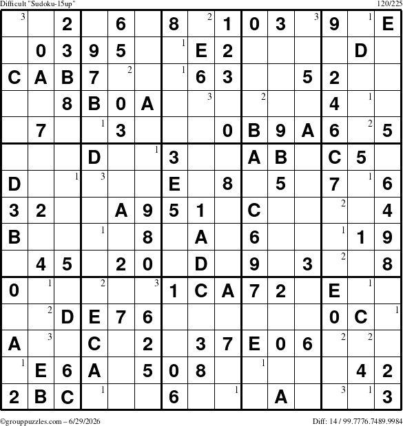 The grouppuzzles.com Difficult Sudoku-15up puzzle for Monday June 29, 2026 with the first 3 steps marked