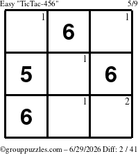 The grouppuzzles.com Easy TicTac-456 puzzle for Monday June 29, 2026 with the first 2 steps marked