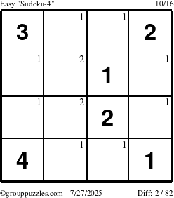 The grouppuzzles.com Easy Sudoku-4 puzzle for Sunday July 27, 2025 with the first 2 steps marked