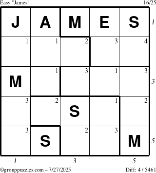 The grouppuzzles.com Easy James puzzle for Sunday July 27, 2025 with all 4 steps marked
