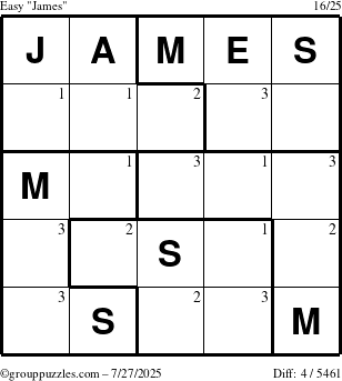 The grouppuzzles.com Easy James puzzle for Sunday July 27, 2025 with the first 3 steps marked
