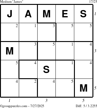 The grouppuzzles.com Medium James puzzle for Sunday July 27, 2025 with all 5 steps marked