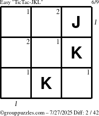 The grouppuzzles.com Easy TicTac-JKL puzzle for Sunday July 27, 2025, suitable for printing, with all 2 steps marked