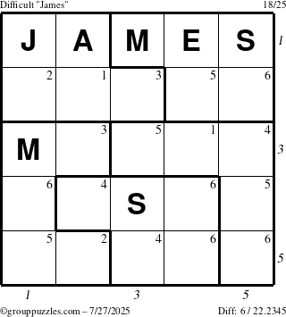 The grouppuzzles.com Difficult James puzzle for Sunday July 27, 2025 with all 6 steps marked