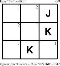 The grouppuzzles.com Easy TicTac-JKL puzzle for Sunday July 27, 2025 with the first 2 steps marked