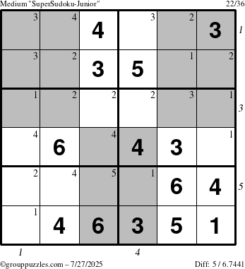 The grouppuzzles.com Medium SuperSudoku-Junior puzzle for Sunday July 27, 2025, suitable for printing, with all 5 steps marked
