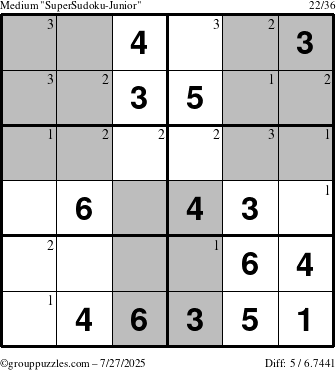 The grouppuzzles.com Medium SuperSudoku-Junior puzzle for Sunday July 27, 2025 with the first 3 steps marked