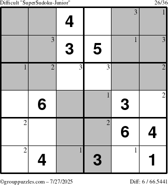The grouppuzzles.com Difficult SuperSudoku-Junior puzzle for Sunday July 27, 2025 with the first 3 steps marked