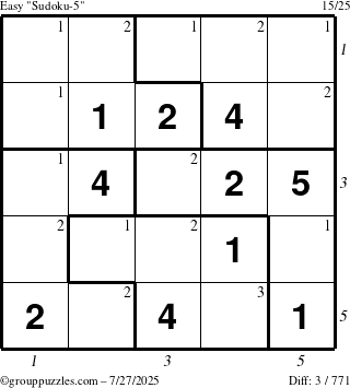 The grouppuzzles.com Easy Sudoku-5 puzzle for Sunday July 27, 2025, suitable for printing, with all 3 steps marked