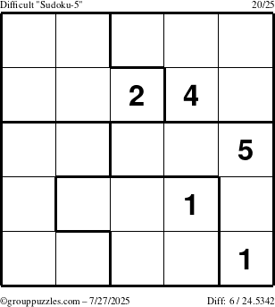 The grouppuzzles.com Difficult Sudoku-5 puzzle for Sunday July 27, 2025
