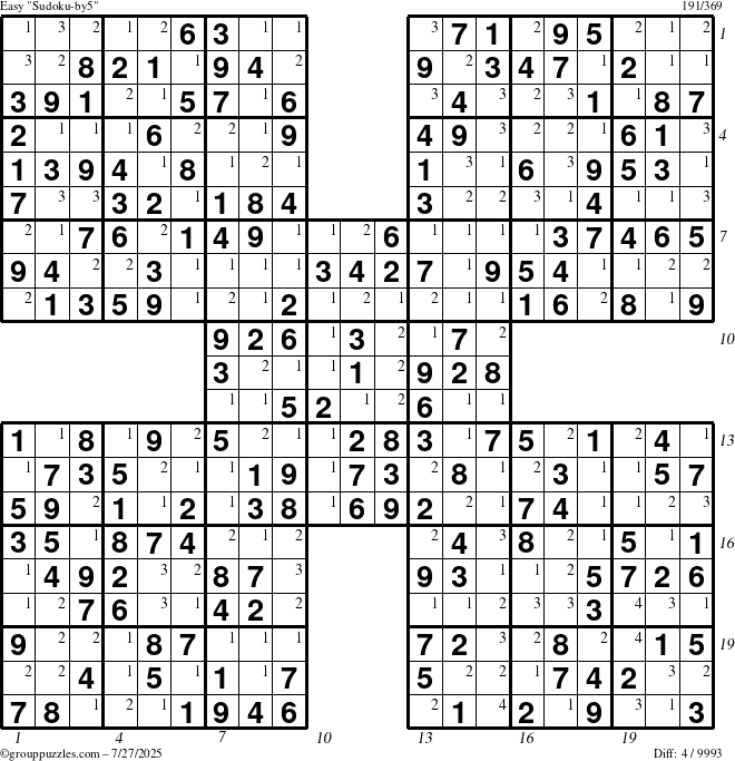 The grouppuzzles.com Easy Sudoku-by5 puzzle for Sunday July 27, 2025, suitable for printing, with all 4 steps marked