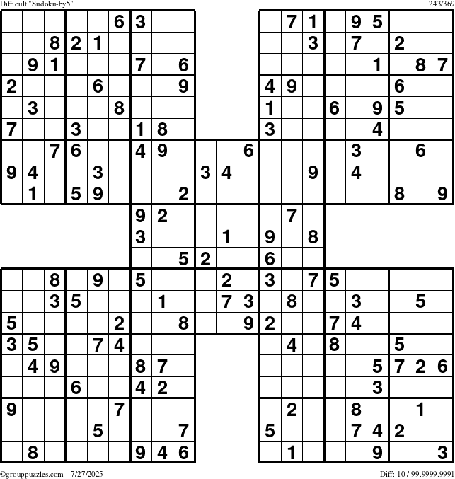 The grouppuzzles.com Difficult Sudoku-by5 puzzle for Sunday July 27, 2025