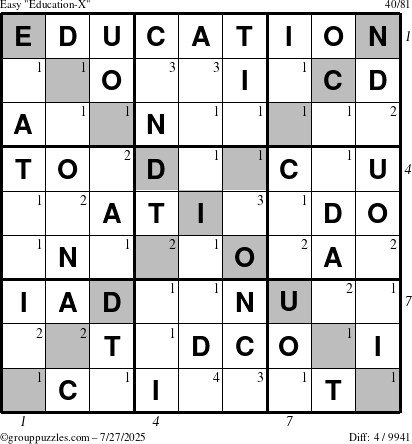 The grouppuzzles.com Easy Education-X puzzle for Sunday July 27, 2025 with all 4 steps marked