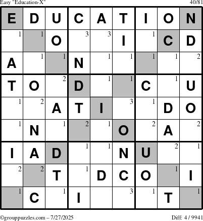 The grouppuzzles.com Easy Education-X puzzle for Sunday July 27, 2025 with the first 3 steps marked