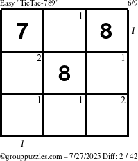 The grouppuzzles.com Easy TicTac-789 puzzle for Sunday July 27, 2025, suitable for printing, with all 2 steps marked
